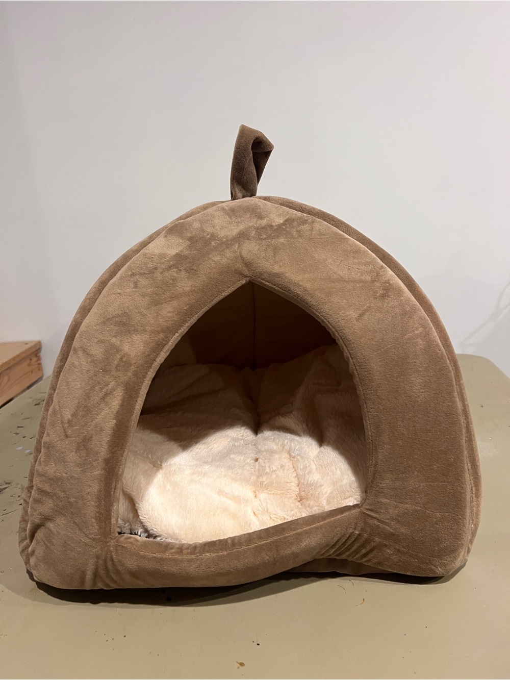 Plush Beige Cat/Dog Cave Bed with Cream Cushion